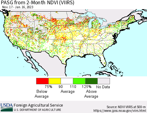 United States PASG from 2-Month NDVI (VIIRS) Thematic Map For 1/11/2023 - 1/20/2023