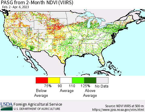United States PASG from 2-Month NDVI (VIIRS) Thematic Map For 4/1/2023 - 4/10/2023