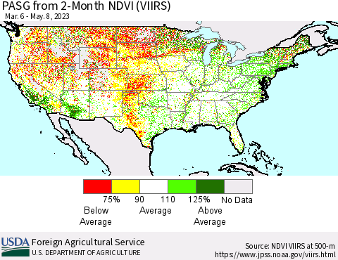 United States PASG from 2-Month NDVI (VIIRS) Thematic Map For 5/1/2023 - 5/10/2023