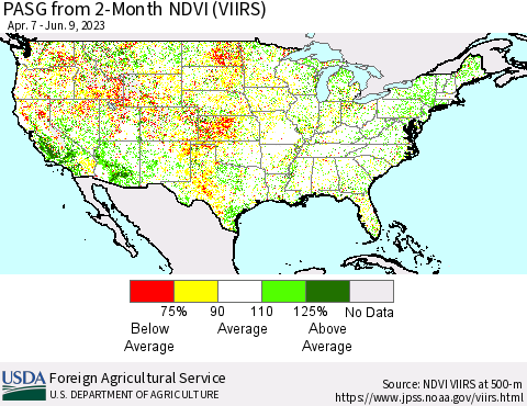 United States PASG from 2-Month NDVI (VIIRS) Thematic Map For 6/1/2023 - 6/10/2023
