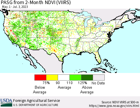 United States PASG from 2-Month NDVI (VIIRS) Thematic Map For 7/1/2023 - 7/10/2023