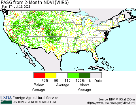 United States PASG from 2-Month NDVI (VIIRS) Thematic Map For 7/11/2023 - 7/20/2023