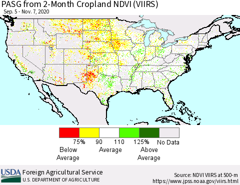 United States PASG from 2-Month Cropland NDVI (VIIRS) Thematic Map For 11/1/2020 - 11/10/2020