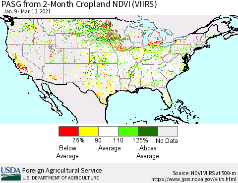 United States PASG from 2-Month Cropland NDVI (VIIRS) Thematic Map For 3/11/2021 - 3/20/2021