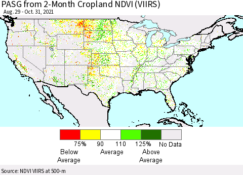 United States PASG from 2-Month Cropland NDVI (VIIRS) Thematic Map For 10/21/2021 - 10/31/2021
