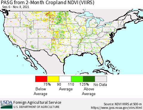 United States PASG from 2-Month Cropland NDVI (VIIRS) Thematic Map For 11/1/2021 - 11/10/2021