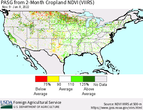 United States PASG from 2-Month Cropland NDVI (VIIRS) Thematic Map For 1/1/2022 - 1/10/2022