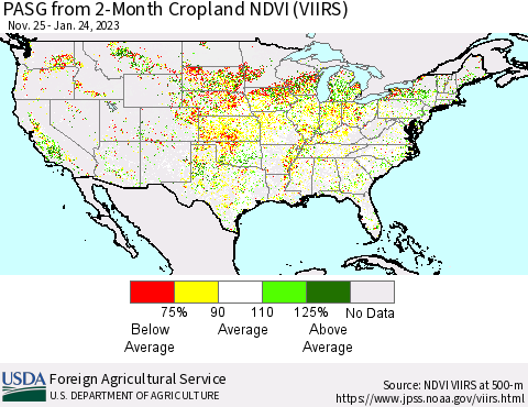 United States PASG from 2-Month Cropland NDVI (VIIRS) Thematic Map For 1/21/2023 - 1/31/2023