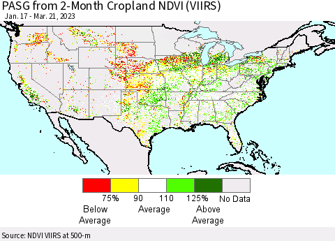 United States PASG from 2-Month Cropland NDVI (VIIRS) Thematic Map For 3/14/2023 - 3/21/2023