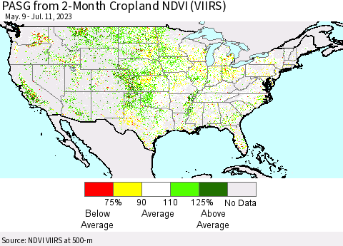 United States PASG from 2-Month Cropland NDVI (VIIRS) Thematic Map For 7/4/2023 - 7/11/2023