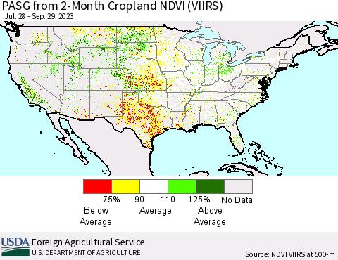 United States PASG from 2-Month Cropland NDVI (VIIRS) Thematic Map For 9/21/2023 - 9/30/2023