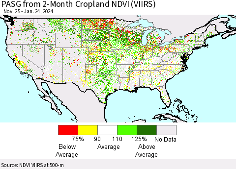 United States PASG from 2-Month Cropland NDVI (VIIRS) Thematic Map For 1/17/2024 - 1/24/2024