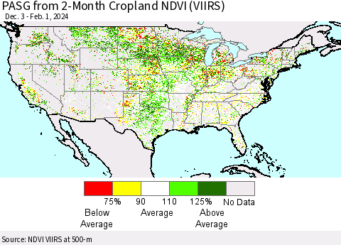 United States PASG from 2-Month Cropland NDVI (VIIRS) Thematic Map For 1/25/2024 - 2/1/2024