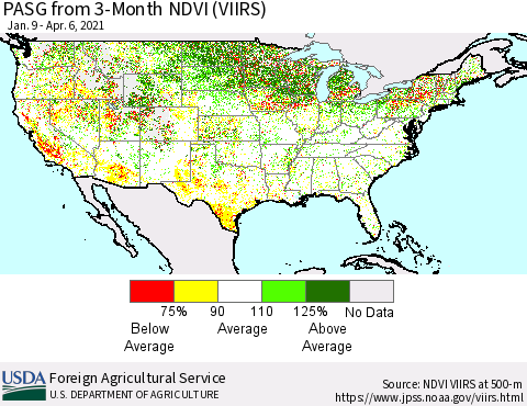 United States PASG from 3-Month NDVI (VIIRS) Thematic Map For 4/1/2021 - 4/10/2021