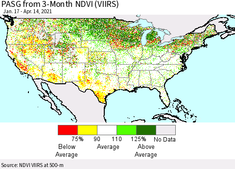 United States PASG from 3-Month NDVI (VIIRS) Thematic Map For 4/7/2021 - 4/14/2021