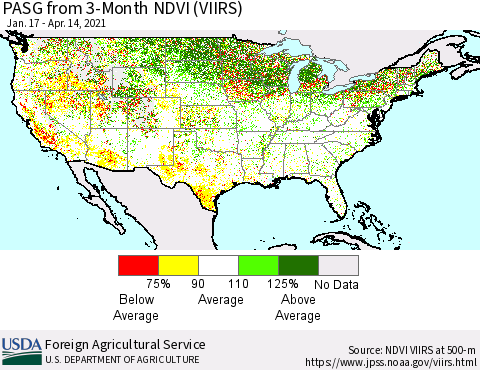 United States PASG from 3-Month NDVI (VIIRS) Thematic Map For 4/11/2021 - 4/20/2021