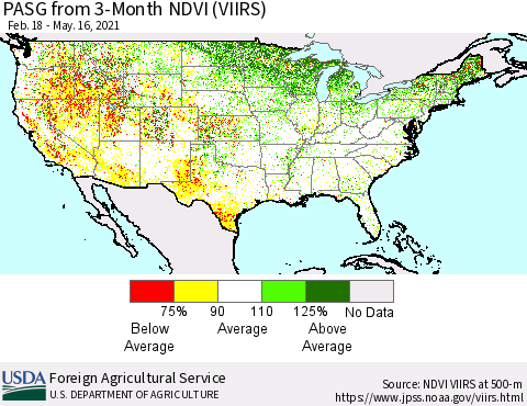 United States PASG from 3-Month NDVI (VIIRS) Thematic Map For 5/11/2021 - 5/20/2021