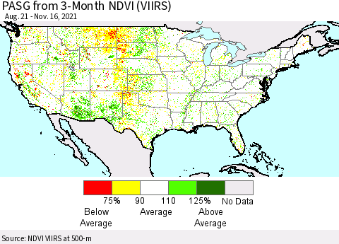 United States PASG from 3-Month NDVI (VIIRS) Thematic Map For 11/9/2021 - 11/16/2021