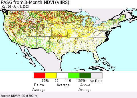 United States PASG from 3-Month NDVI (VIIRS) Thematic Map For 1/1/2023 - 1/8/2023