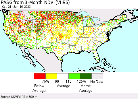 United States PASG from 3-Month NDVI (VIIRS) Thematic Map For 1/9/2023 - 1/16/2023