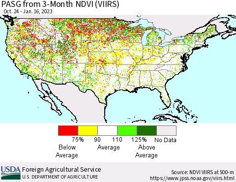 United States PASG from 3-Month NDVI (VIIRS) Thematic Map For 1/11/2023 - 1/20/2023