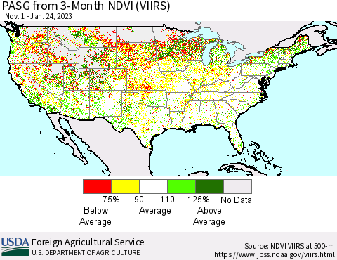 United States PASG from 3-Month NDVI (VIIRS) Thematic Map For 1/21/2023 - 1/31/2023