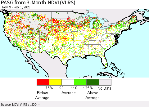 United States PASG from 3-Month NDVI (VIIRS) Thematic Map For 1/25/2023 - 2/1/2023