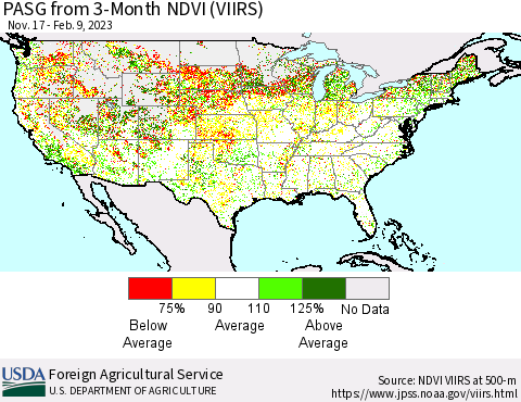 United States PASG from 3-Month NDVI (VIIRS) Thematic Map For 2/1/2023 - 2/10/2023