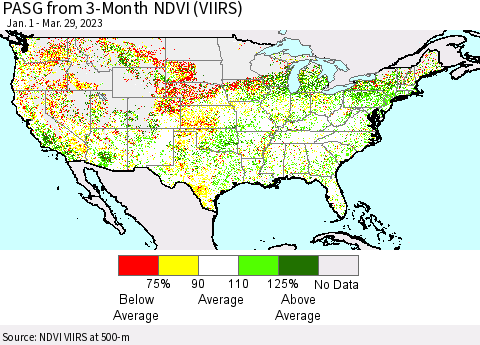 United States PASG from 3-Month NDVI (VIIRS) Thematic Map For 3/22/2023 - 3/29/2023