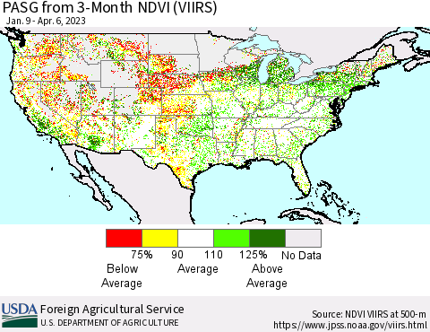 United States PASG from 3-Month NDVI (VIIRS) Thematic Map For 4/1/2023 - 4/10/2023