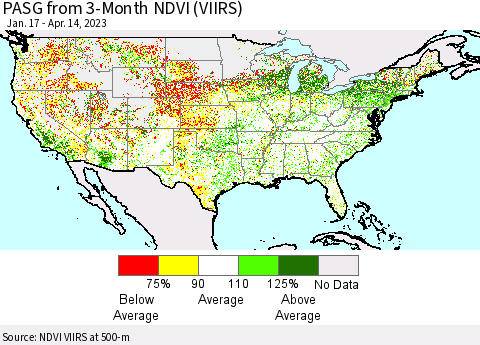 United States PASG from 3-Month NDVI (VIIRS) Thematic Map For 4/7/2023 - 4/14/2023