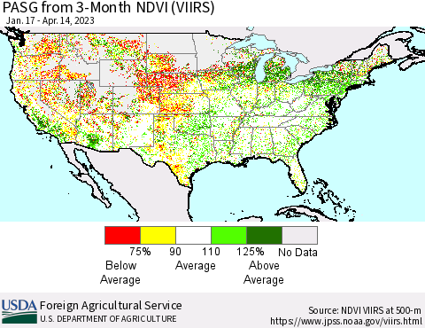 United States PASG from 3-Month NDVI (VIIRS) Thematic Map For 4/11/2023 - 4/20/2023