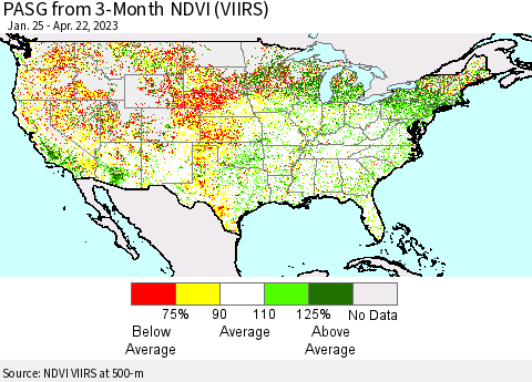 United States PASG from 3-Month NDVI (VIIRS) Thematic Map For 4/15/2023 - 4/22/2023