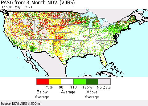 United States PASG from 3-Month NDVI (VIIRS) Thematic Map For 5/1/2023 - 5/8/2023