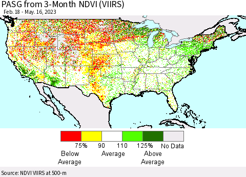 United States PASG from 3-Month NDVI (VIIRS) Thematic Map For 5/9/2023 - 5/16/2023