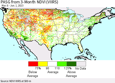 United States PASG from 3-Month NDVI (VIIRS) Thematic Map For 5/25/2023 - 6/1/2023
