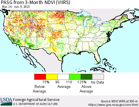 United States PASG from 3-Month NDVI (VIIRS) Thematic Map For 6/1/2023 - 6/10/2023