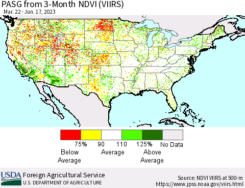 United States PASG from 3-Month NDVI (VIIRS) Thematic Map For 6/11/2023 - 6/20/2023