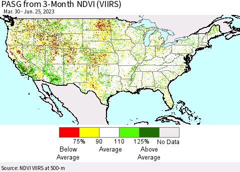 United States PASG from 3-Month NDVI (VIIRS) Thematic Map For 6/18/2023 - 6/25/2023