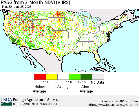 United States PASG from 3-Month NDVI (VIIRS) Thematic Map For 6/21/2023 - 6/30/2023
