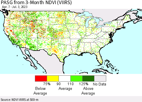 United States PASG from 3-Month NDVI (VIIRS) Thematic Map For 6/26/2023 - 7/3/2023