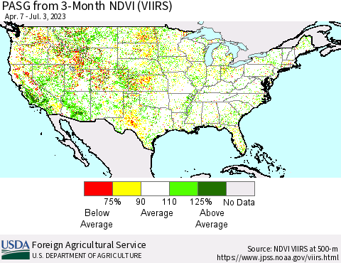United States PASG from 3-Month NDVI (VIIRS) Thematic Map For 7/1/2023 - 7/10/2023