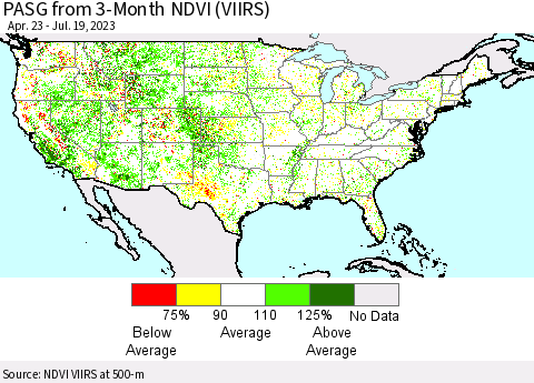 United States PASG from 3-Month NDVI (VIIRS) Thematic Map For 7/12/2023 - 7/19/2023