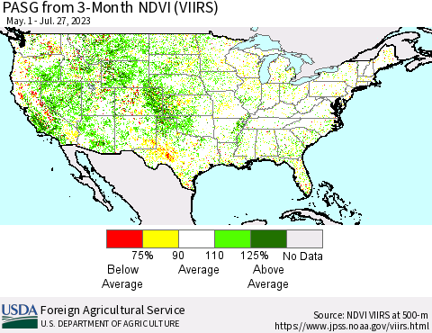 United States PASG from 3-Month NDVI (VIIRS) Thematic Map For 7/21/2023 - 7/31/2023