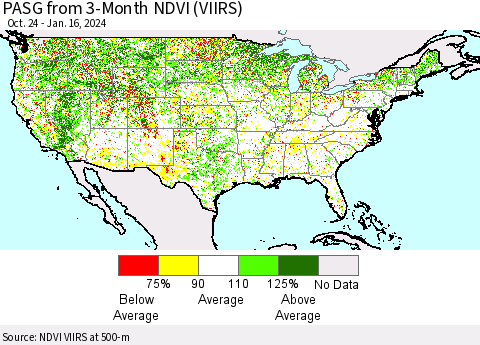 United States PASG from 3-Month NDVI (VIIRS) Thematic Map For 1/9/2024 - 1/16/2024