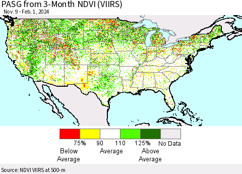 United States PASG from 3-Month NDVI (VIIRS) Thematic Map For 1/25/2024 - 2/1/2024