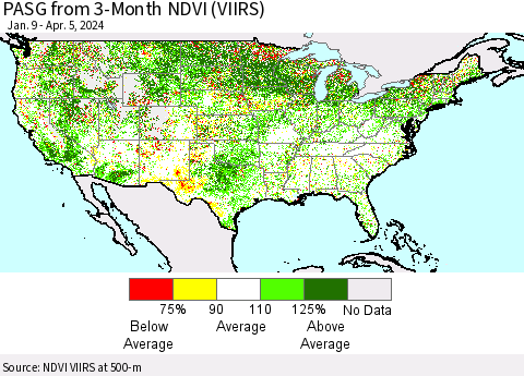 United States PASG from 3-Month NDVI (VIIRS) Thematic Map For 3/29/2024 - 4/5/2024