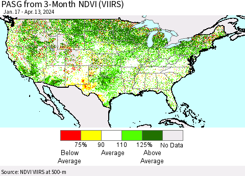 United States PASG from 3-Month NDVI (VIIRS) Thematic Map For 4/6/2024 - 4/13/2024