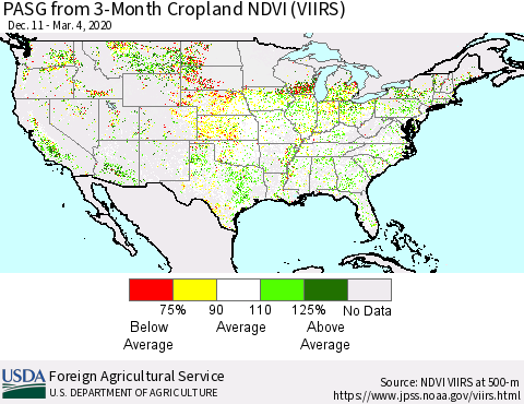 United States PASG from 3-Month Cropland NDVI (VIIRS) Thematic Map For 3/1/2020 - 3/10/2020