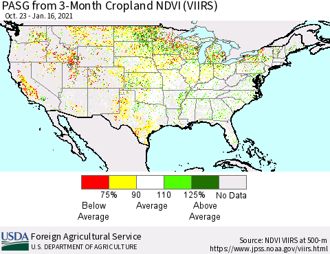United States PASG from 3-Month Cropland NDVI (VIIRS) Thematic Map For 1/11/2021 - 1/20/2021
